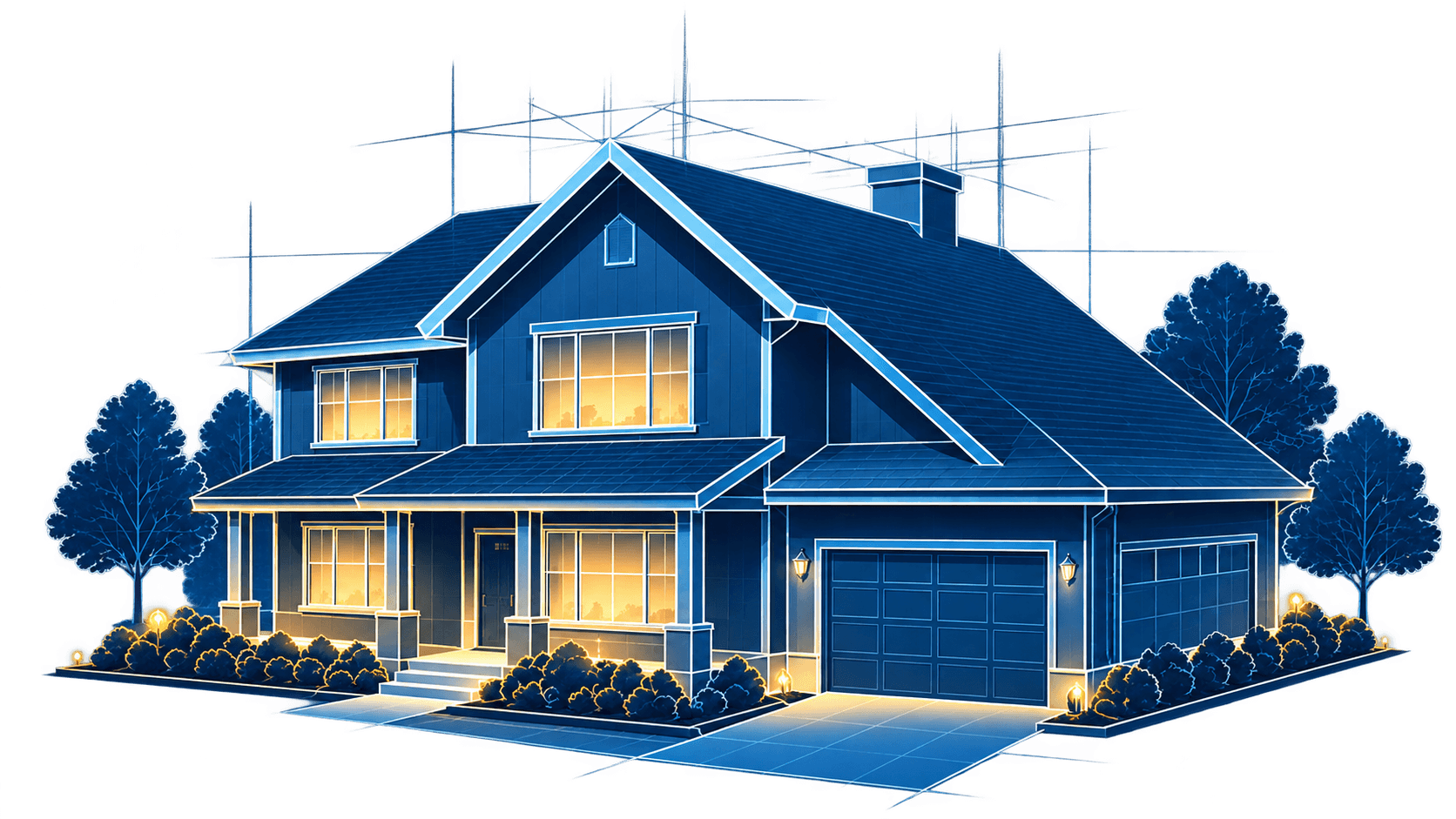 Blueprint-style illustration of a two-story home with lit windows